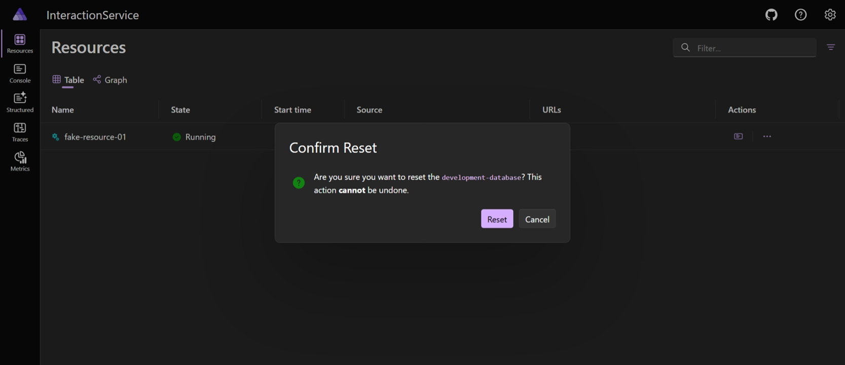 Aspire dashboard interface showing a confirmation dialog with a title, message, and buttons for confirming or canceling the operation.