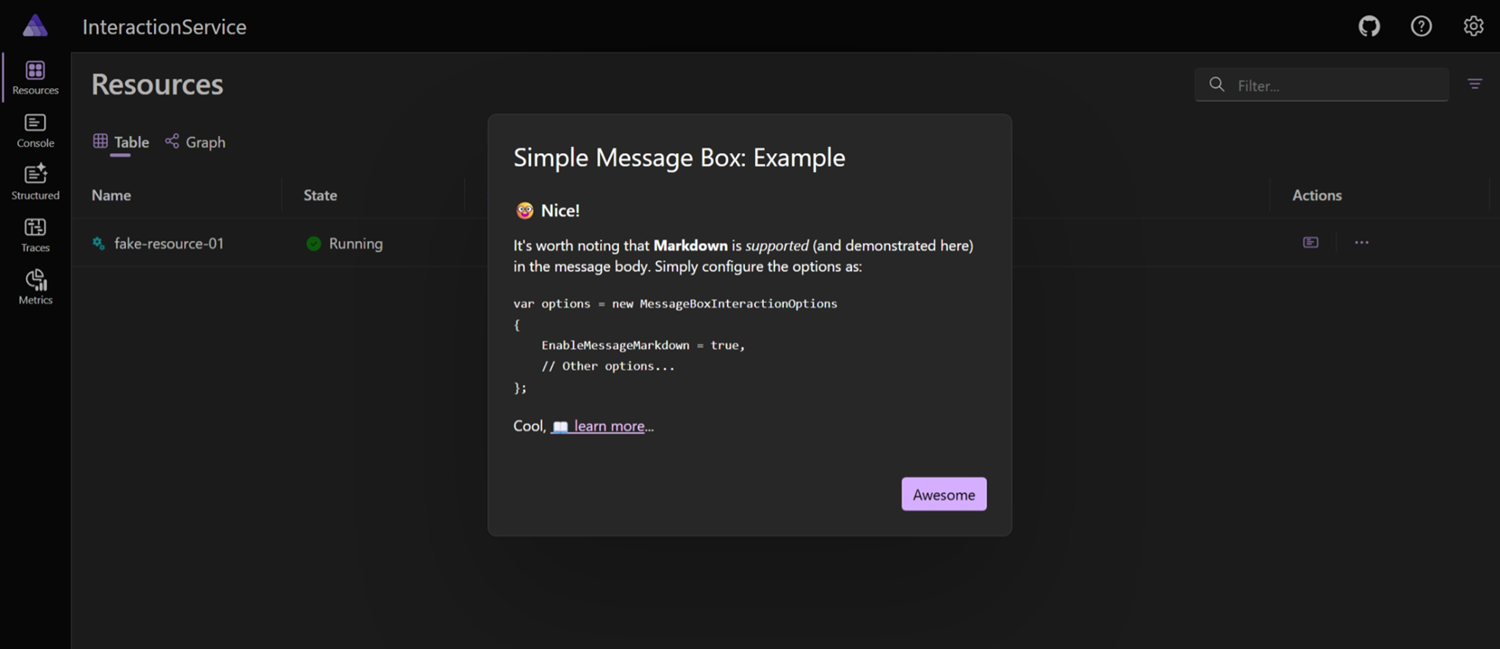 Aspire dashboard interface showing a message dialog with a title, message, and buttons.