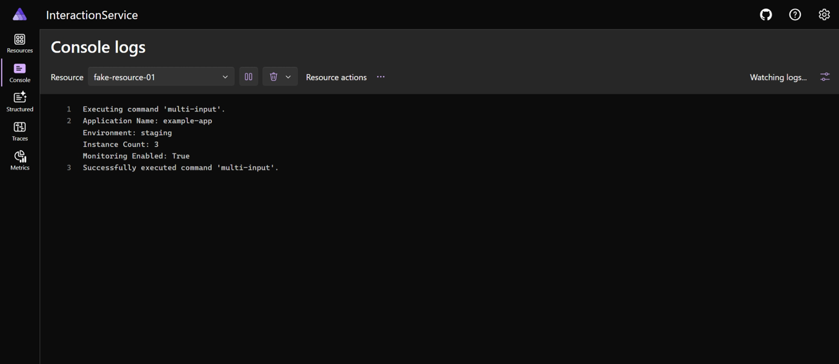 Aspire dashboard interface showing logs with the input values entered in the multiple input dialog.