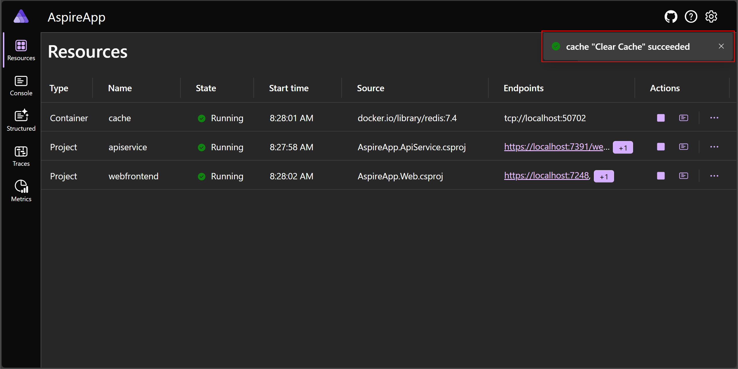 Aspire dashboard: Redis cache resource with custom command executed.
