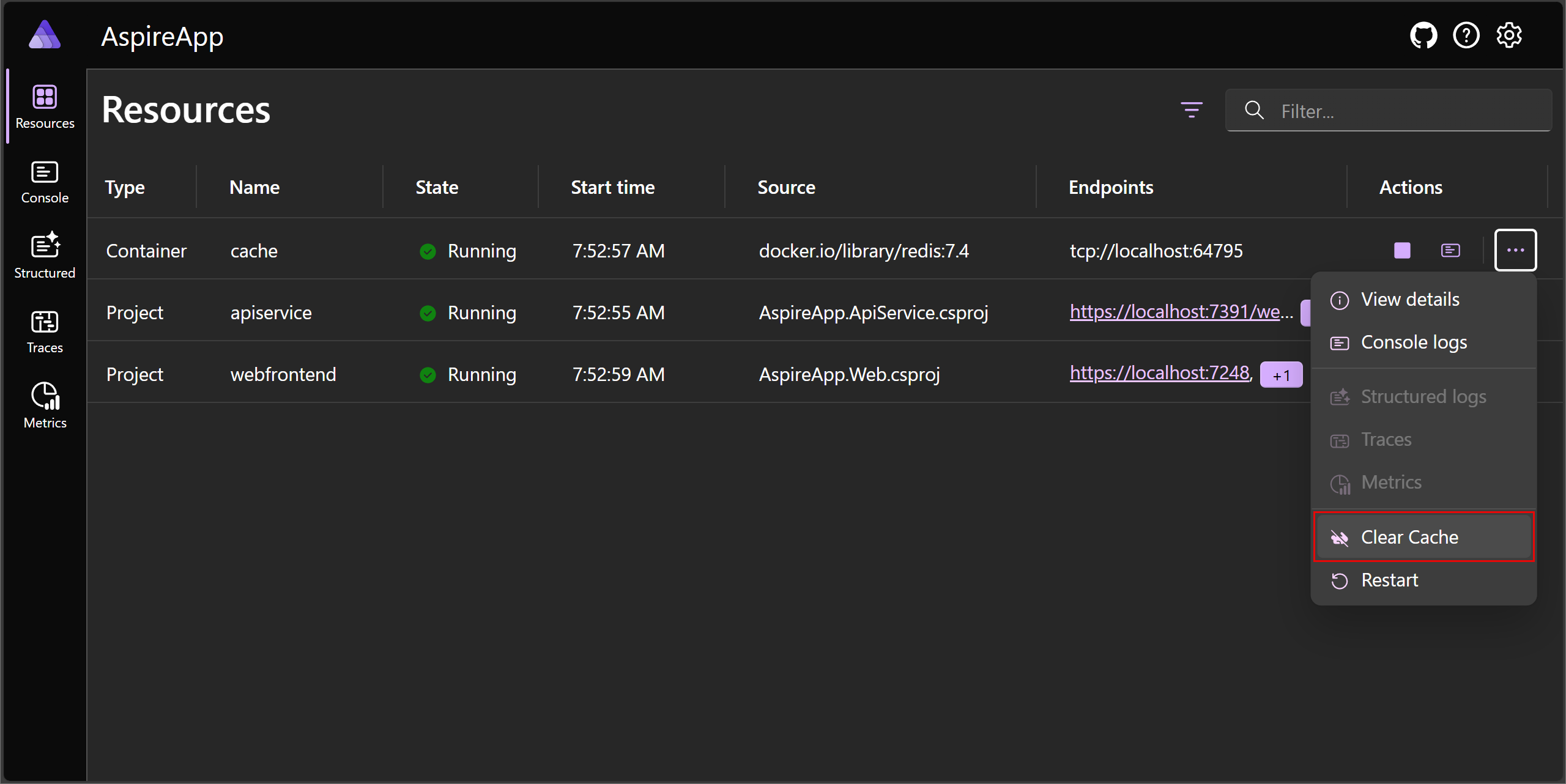 Aspire dashboard: Redis cache resource with custom command displayed.