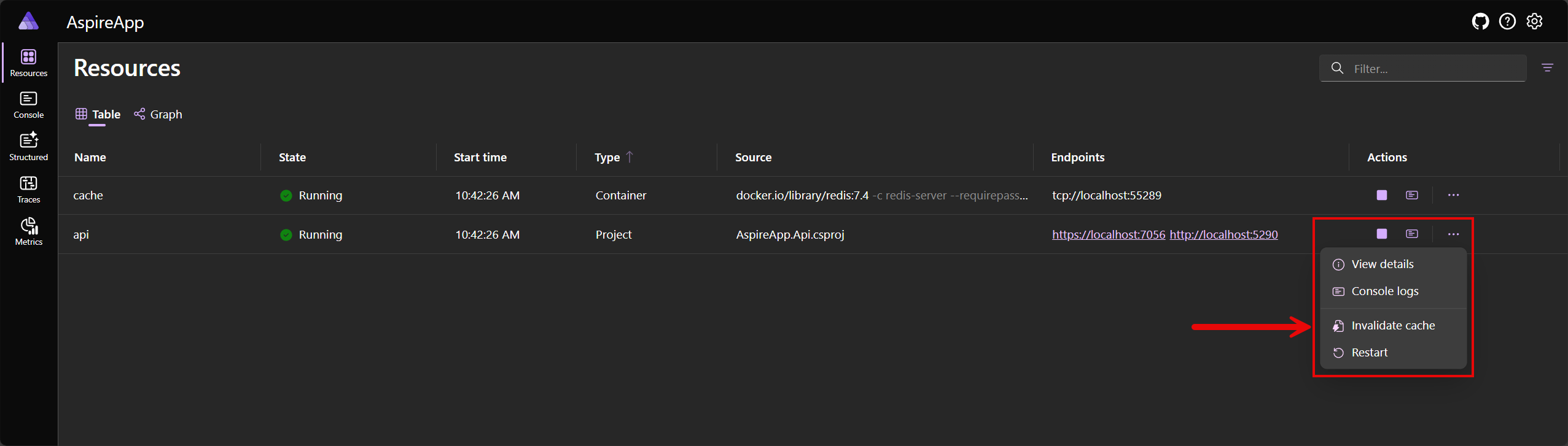 Aspire dashboard: Resources page showing a custom HTTP command in the ellipsis menu.