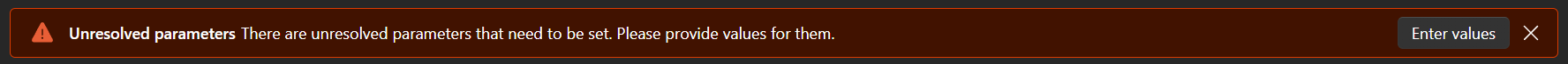 Screenshot of the Aspire dashboard warning that appears when there are unresolved parameters.