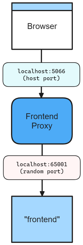 Aspire frontend app networking diagram with specific host port and random port.