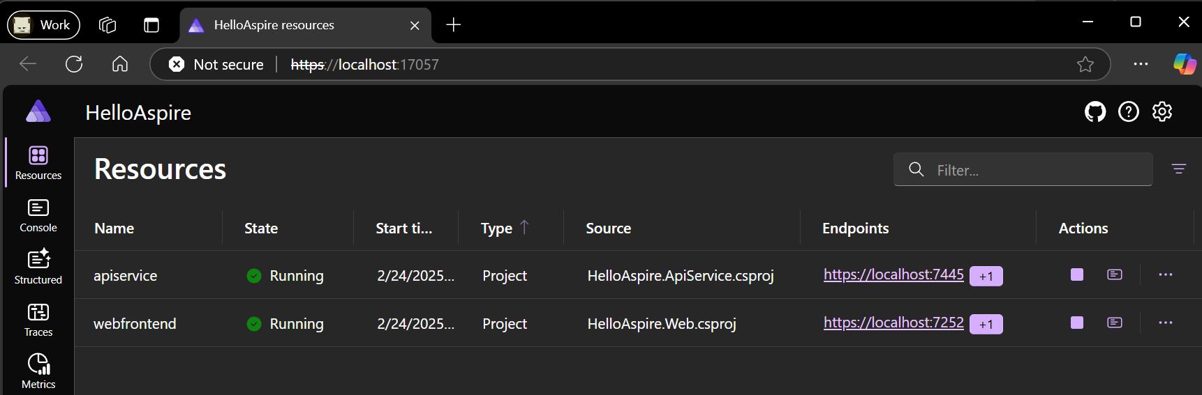 Screenshot of the Aspire dashboard running successfully in the Dev Container.