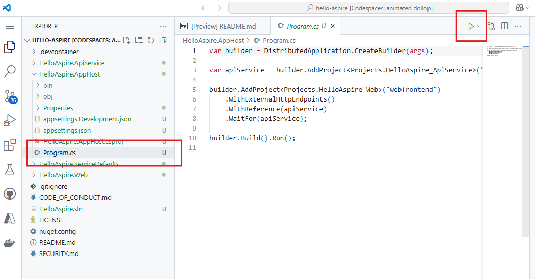 Screenshot showing how to launch the AppHost using the Run project button in VS Code.