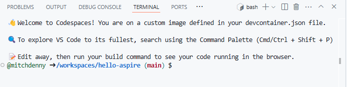 Screenshot showing the terminal prompt ready for use in the codespace.
