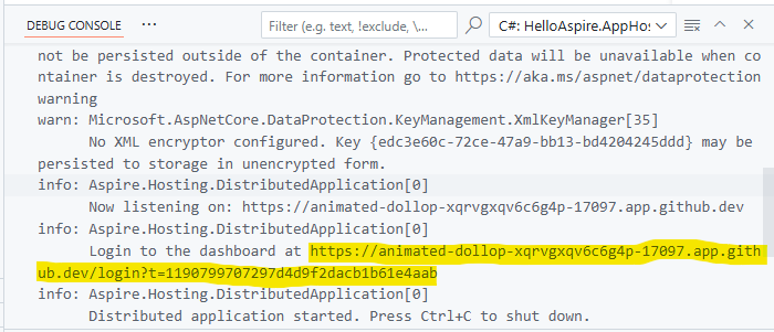 Screenshot of the Debug Console showing the Aspire dashboard URL with authentication token.