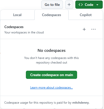 Screenshot showing how to create a new codespace from the repository on GitHub.