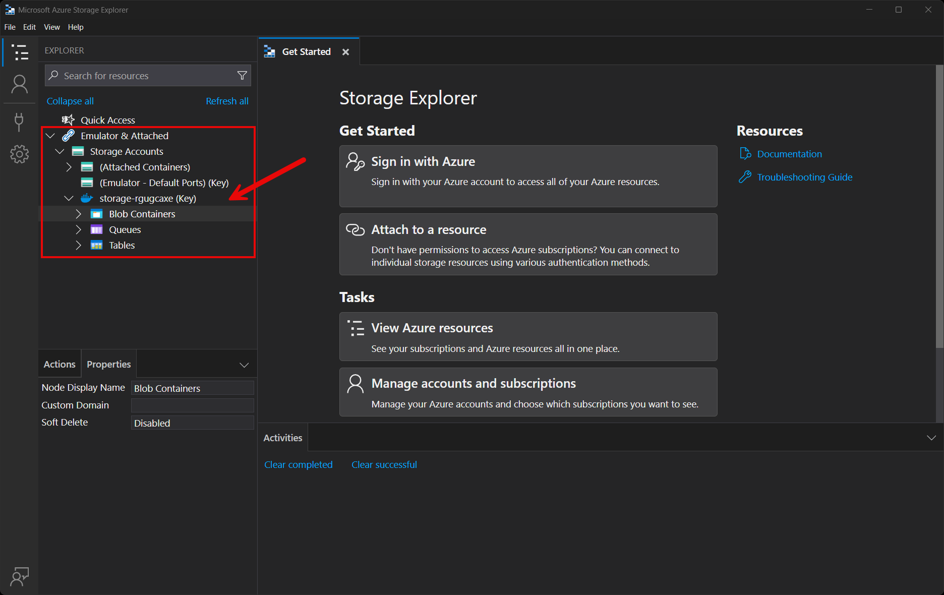 Azure Storage Explorer: Azurite storage resource discovered.