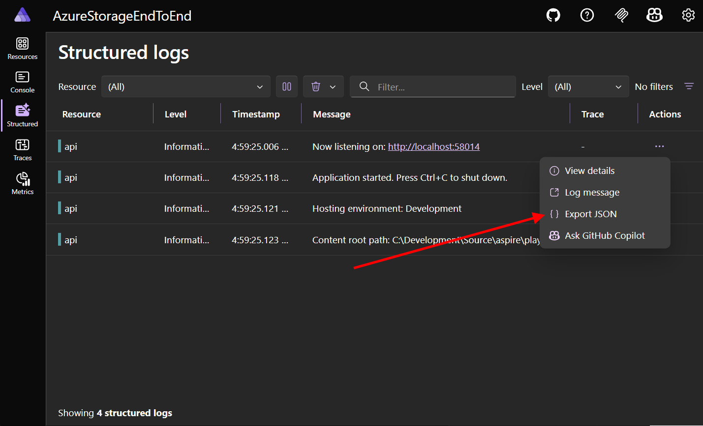Export JSON button in the resource context menu