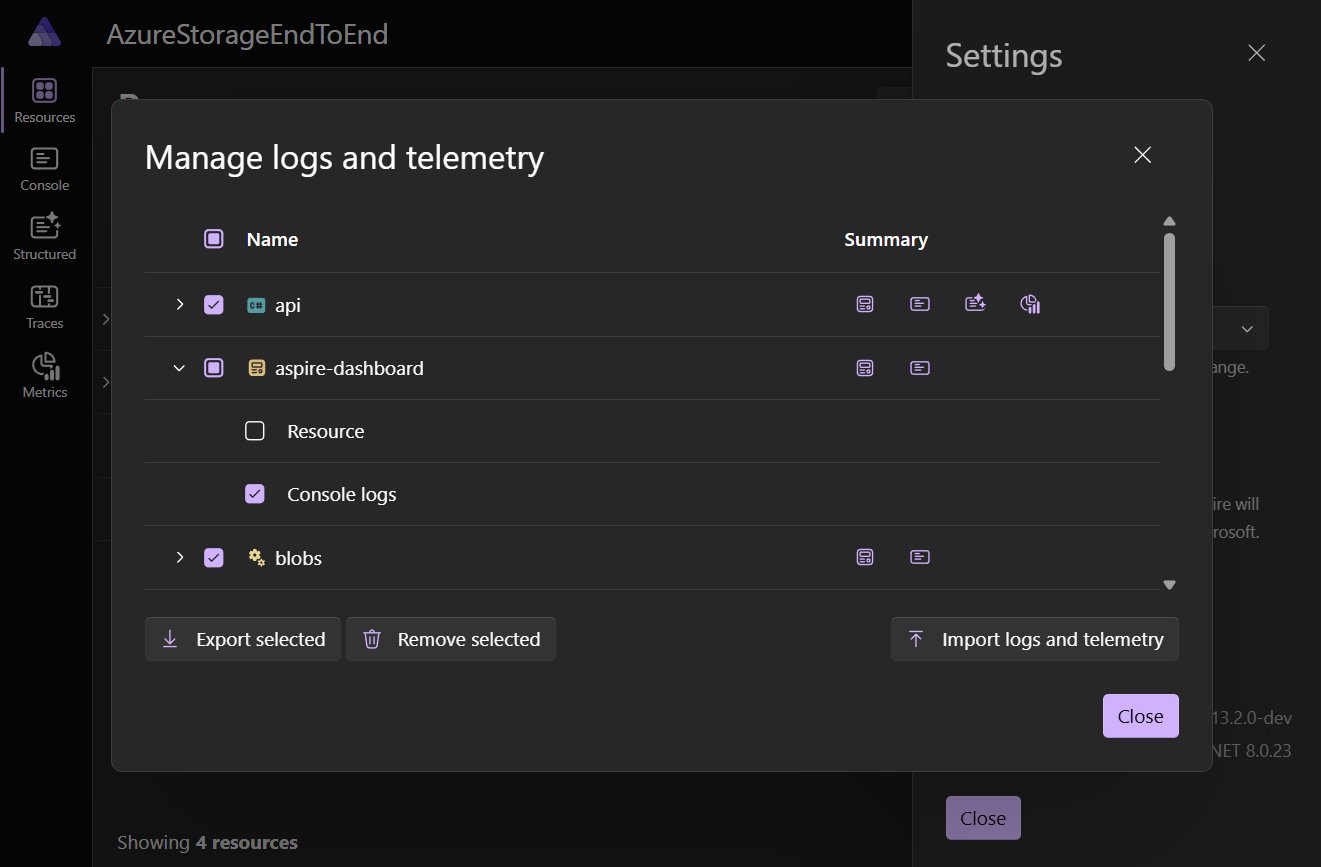 Manage logs and telemetry dialog showing Export selected, Remove selected, and Import logs and telemetry buttons