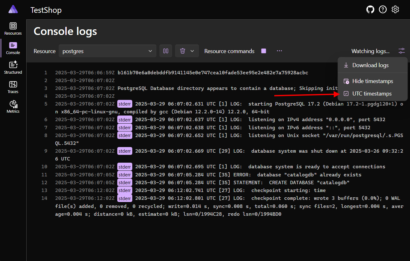 Screenshot of console logs page showing the UTC timestamps option.