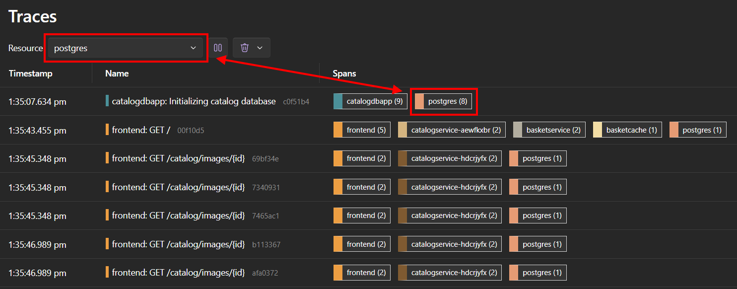 Screenshot of dashboard traces's page showing added resources in results.