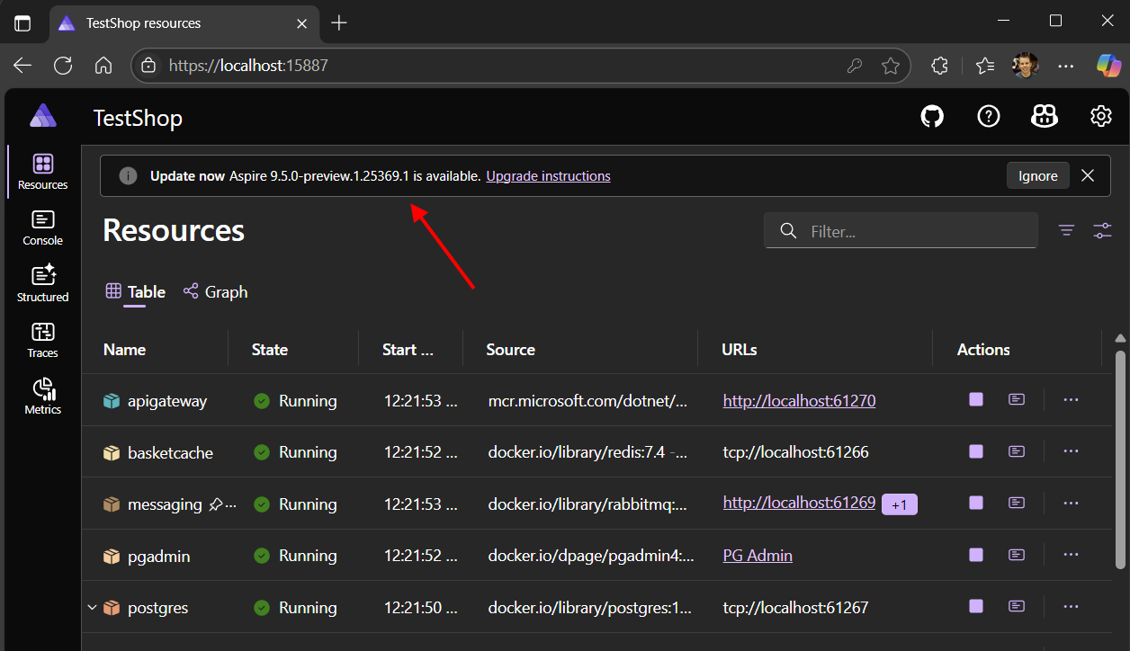 Screenshot of dashboard showing an update notification.