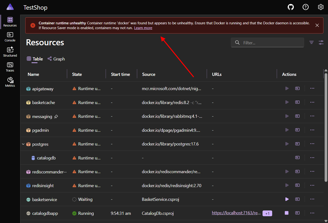 Screenshot of the dashboard showing the container runtime warning.