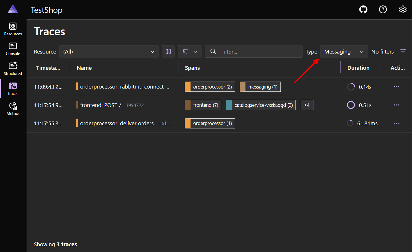 Screenshot of the traces page showing the type filter.