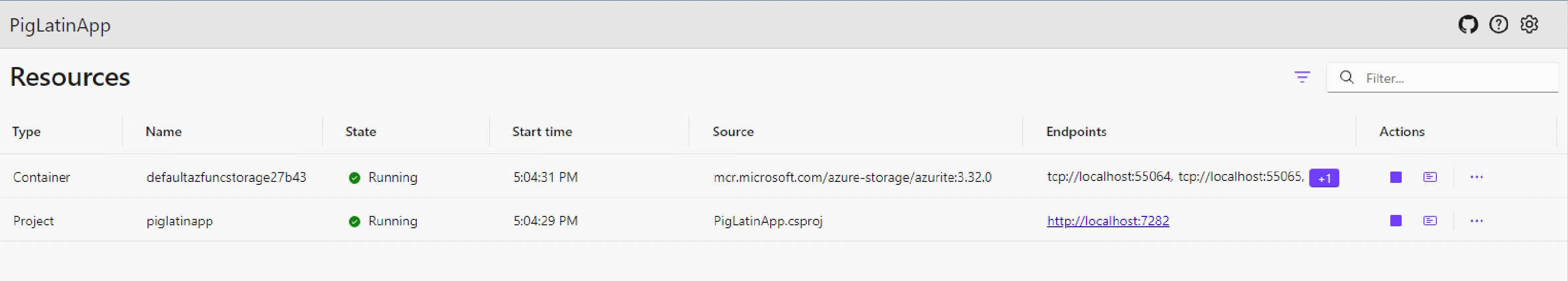 Screenshot of the Aspire running with an Azure Function app