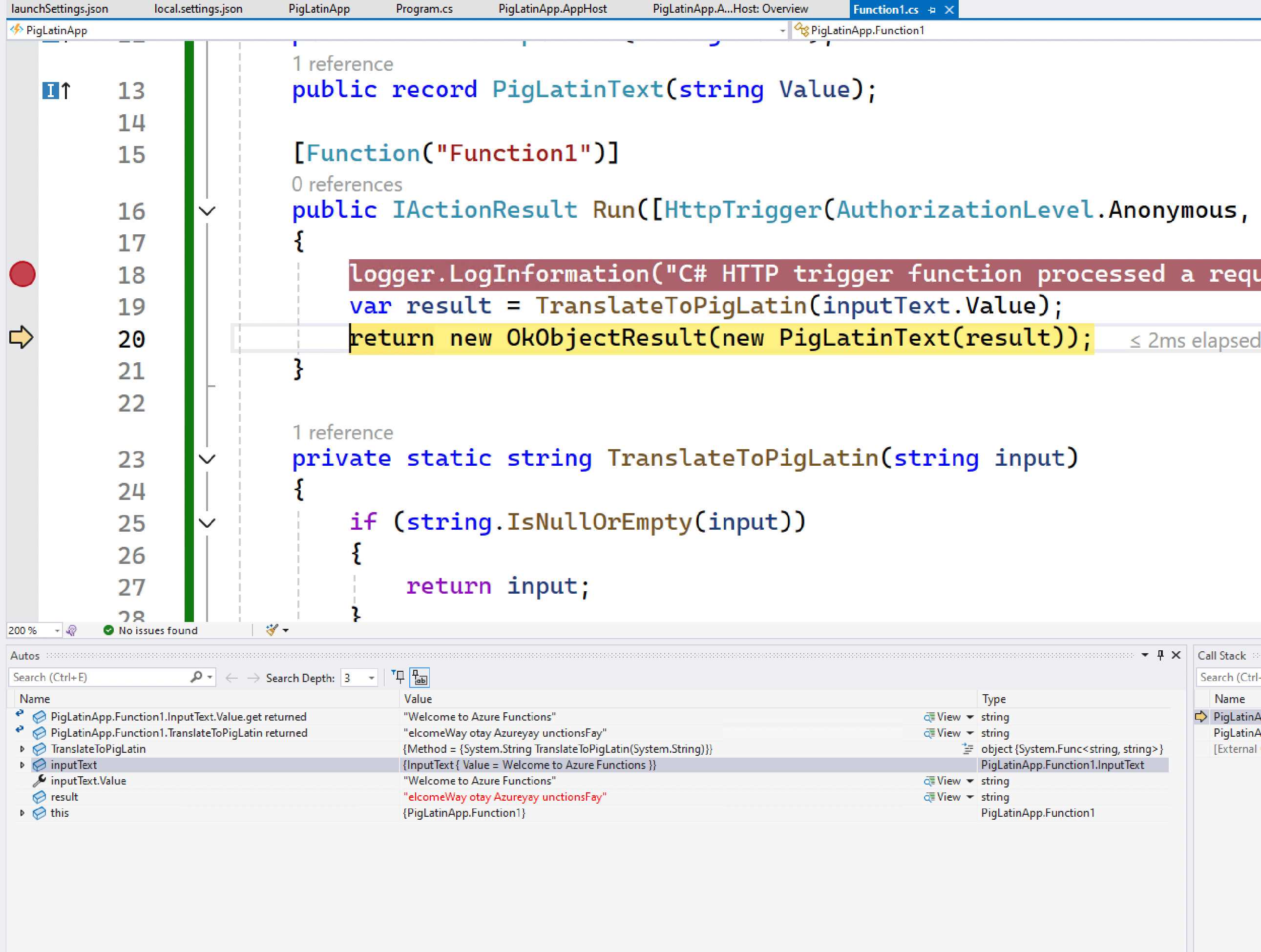 Screenshot of the Aspire dashboard: Debugging an Azure Function app