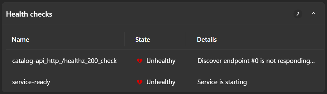 Health check details in the dashboard's resource details view