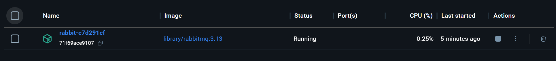 Screenshot of Docker Desktop showing a persistent RabbitMQ container still running after the AppHost stopped.